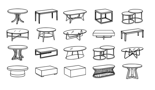 Monochrome coffee table outline vector set with linear modern furniture sketches