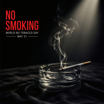 luxury no smoking campaign poster glass ashtray with lit cigarette bold red no smoking text dark moody commercial photography for world no tobacco day high end anti smoking