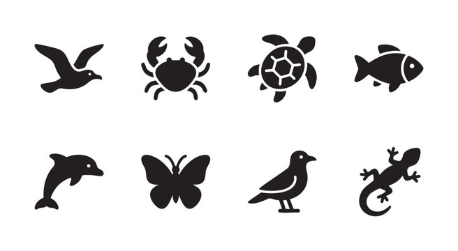 A collection of eight diverse black and white silhouette icons representing various animals, including a bird, crab, turtle, fish, dolphin, butterfly, crow, and lizard.