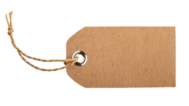 Brown cardboard tag with metal eyelet and twine, isolated on transparent background