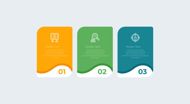 Three colorful infographic templates with headers and placeholder text.