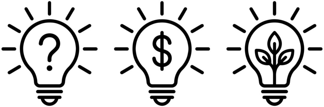 Three lightbulb icons with question mark dollar sign and plant symbolizing questions wealth and growth perfect for businesses