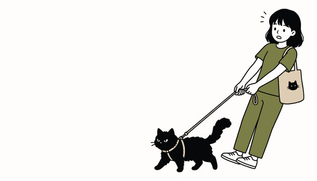 Young woman pulling stubborn black cat on a leash illustration representing pet ownership challenges
