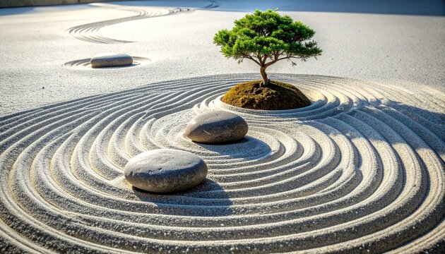 Zen Garden Serenity with Raked Sand and Bonsai Tree.