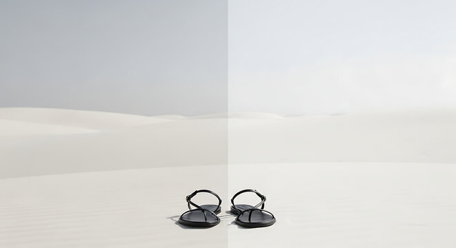 Black flip flops on white background.
