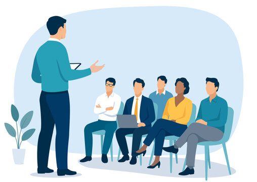 Education, presentation, learning, business illustration. Business team listening to the male teacher. 