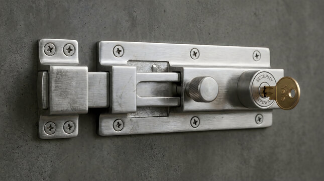 Closeup of a brushed metal barrel bolt door lock with a key inserted, mounted on a grey concrete wall, providing enhanced security and a modern industrial aesthetic