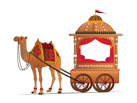 Royal Indian Wedding Camel Carriage Vector Illustration, Rajasthan Baraat Transport, Traditional Heritage Cart with Camel