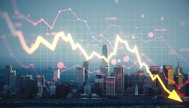 City skyline with illuminated falling financial chart overlay symbolizing economic downturn against grid and abstract light background in dramatic style..