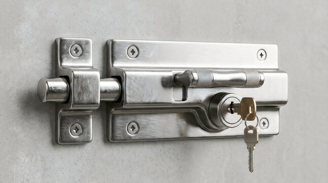 Closeup of a modern brushed metal barrel bolt lock with a key inserted, mounted on a light grey concrete wall surface