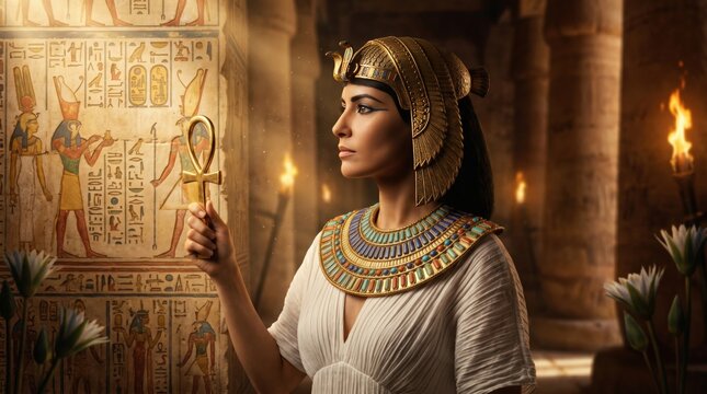 Woman dressed as an ancient egyptian queen holding a golden ankh symbol in a stone temple with fire torches and historical relief carvings for cinematic visual storytelling or cultural projects.