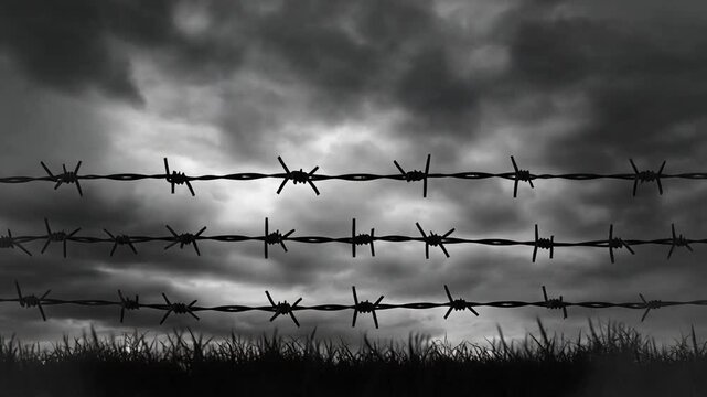 Barbed Wire Fence Against Dramatic Cloudy Sky Slow Motion &ndash; Black White Border Conflict Restriction Documentary Cinematic