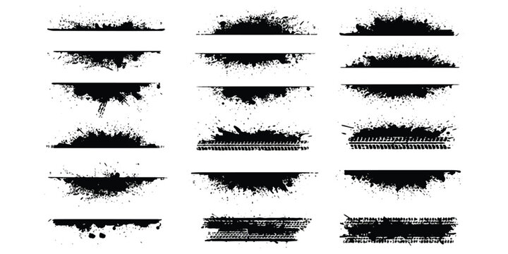 Set of black ink splash and tire track grunge borders for design elements
