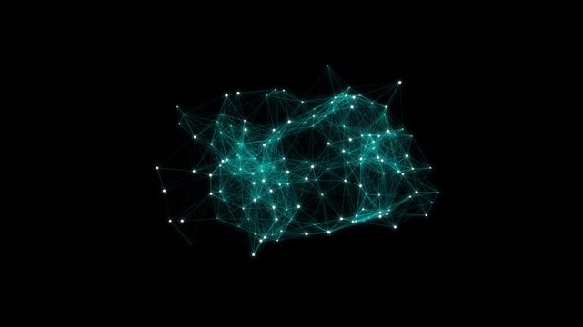 Futuristic 2D motion graphics reveal a dynamic electric blue plexus, an intricate network of glowing nodes and lines forming a centered AI core against a deep black void.
