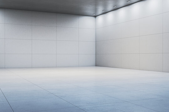 Bright empty modern interior room with clean contemporary walls and spacious light background creating a minimalist blank space for creative mockup display. 3D Rendering