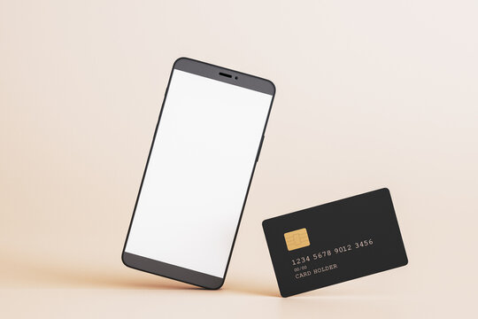 Modern smartphone with blank screen standing beside black credit card on soft light background for digital payment branding concept. 3D Rendering