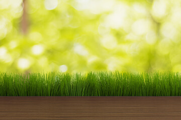 Naklejka premium Green grass line on wooden tabletop against bright bokeh nature backdrop creating a fresh outdoor scene for natural concepts and designs. 3D Rendering