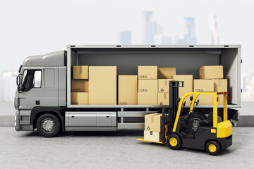 Naklejka premium Loaded cargo truck with forklift organizing numerous cardboard boxes at a warehouse platform in a modern delivery and logistics business environment. 3D Rendering