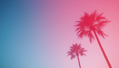 Obraz premium Serene tropical palm trees silhouette against soft pastel blue and pink gradient sky creating calm peaceful and romantic summer background