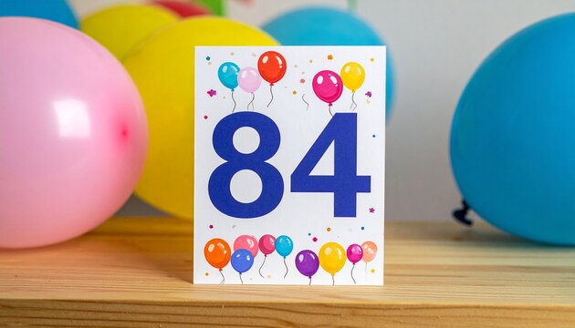 Birthday or anniversary card with number 84 with bright colors and balloons