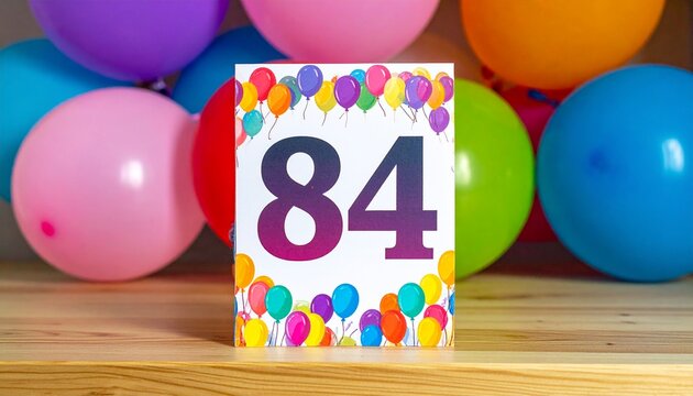 Birthday or anniversary card with number 84 with bright colors and balloons