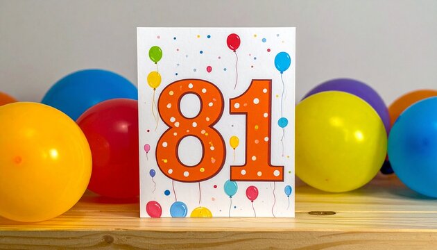 Birthday or anniversary card with number 81 with bright colors and balloons
