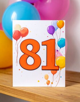 Birthday or anniversary card with number 81 with bright colors and balloons