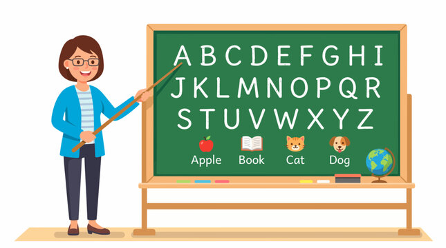 Teacher points at an alphabet chalkboard to instruct young students during a primary school lesson.
