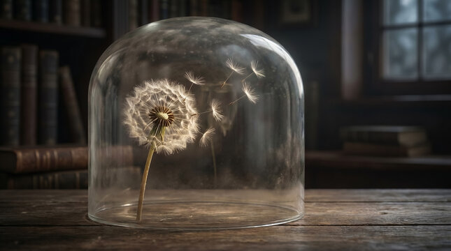 Conceptual still life of a fragile dandelion in a glass cloche with seeds dissolving into glowing mist. A dignified metaphor for dementia, memory loss, and fragile memories. AI generated.
