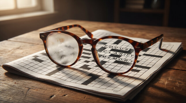 Conceptual macro still life of reading glasses on a crossword puzzle. One lens is fogged while the other is crystal clear. Metaphor for brain fog, menopause, and mental clarity. AI generated.