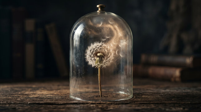 Conceptual still life of a fragile dandelion in a glass cloche with seeds dissolving into glowing mist. A dignified metaphor for dementia, memory loss, and fragile memories. AI generated.