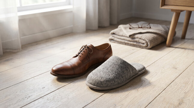 Conceptual still life of mismatched shoes on a wooden floor, pairing a brown leather oxford with a grey slipper. A dignified metaphor for dementia, confusion, and memory care. AI generated.