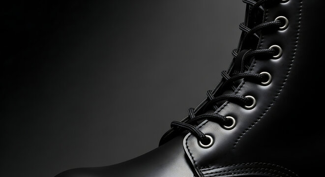 Close up of black leather boot.