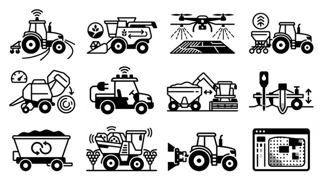 Autonomous agricultural tractor and harvester icon set &ndash; 3x4 flat monochrome vector grid on white background for self-driving farm machinery