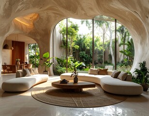 Fototapeta premium Luxurious modern eco friendly interior design featuring curved architecture and lush indoor plants.