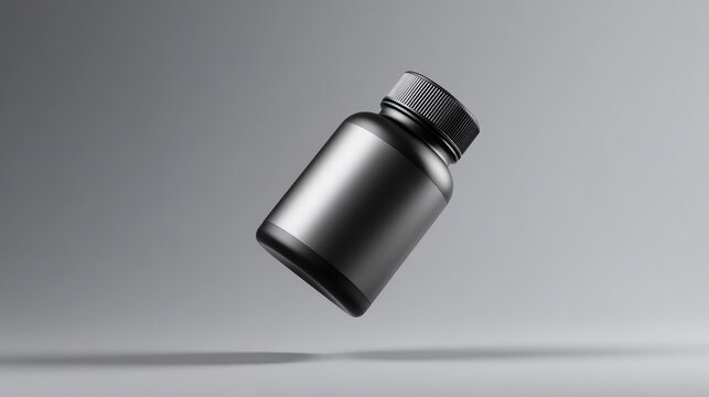 Sleek black supplement bottle levitating against a minimalist gray background.