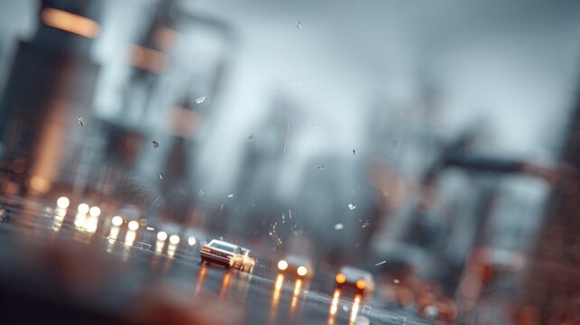 A rainy city street with blurred headlights and modern buildings in the background.