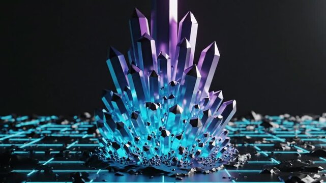 Abstract Crystal Cluster Glowing with Neon Blue and Purple Light on Futuristic Grid
