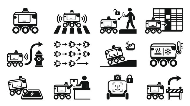 Autonomous last-mile delivery robot icon set &ndash; 4x3 flat monochrome vector grid on white background for sidewalk and curb-side logistics
