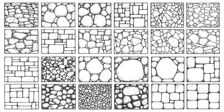 Set of stone wall textures and brick patterns in black and white sketch style