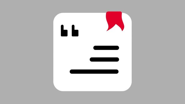 A notes or reading app icon showing a quote symbol and lined text on a white card with a red bookmark in corner