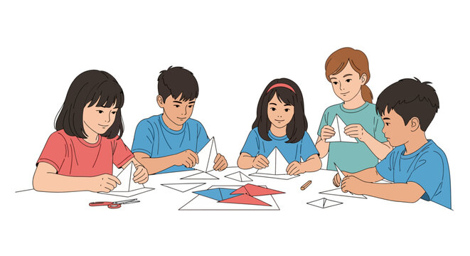 Group of Diverse Children Engaged in Paper Building and Crafting Activity
