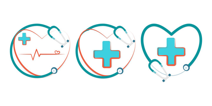 Set of medical heart icons with stethoscopes and cross symbols on transparent background. Vector illustration. Healthcare, medicine emblems.
