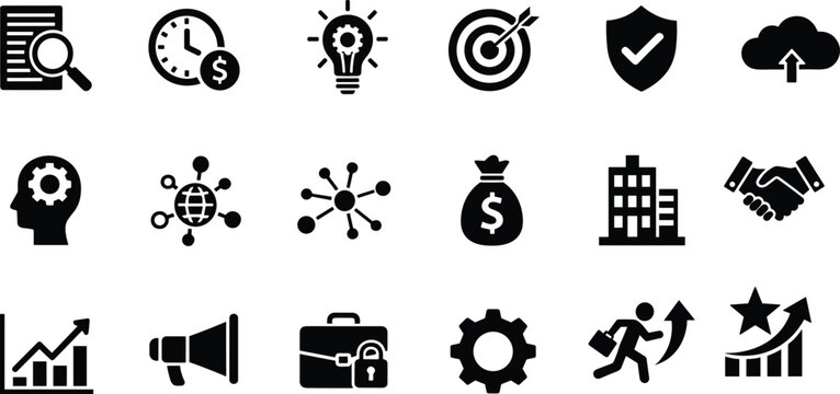 Business and finance icon set with strategy growth analytics security marketing symbols vector illustration isolated on white background