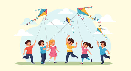 Fototapeta premium Group of Children Joyfully Flying a Kite Outdoors on a Sunny Day