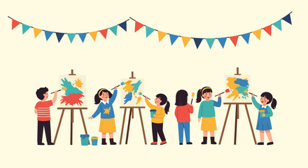 Fototapeta premium Group of diverse children joyfully engaged in colorful painting and art activities, showcasing creativity and learning