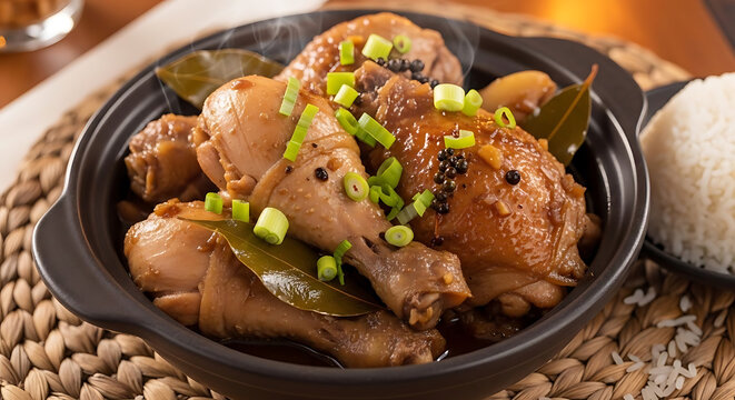 Chicken adobo simmered in a savory soy and vinegar glaze is served in a traditional clay pot for a rustic meal.