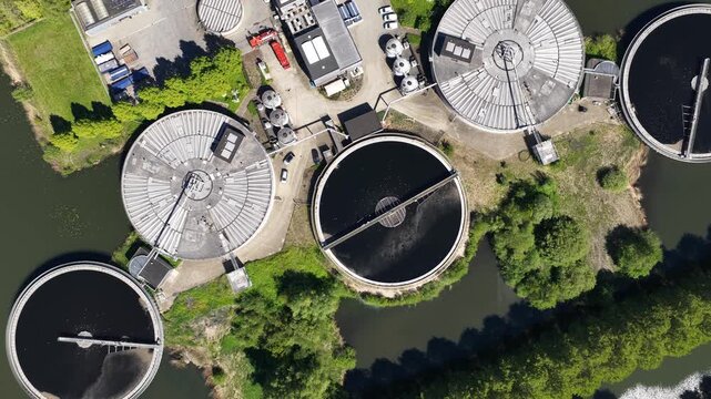 Aerial view of a wastewater treatment plant purifying water