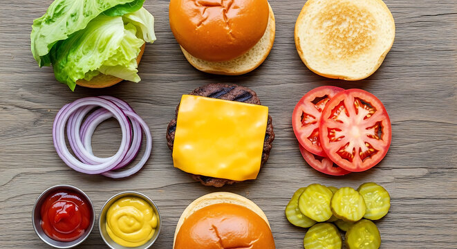 Hamburger ingredients are arranged neatly on a dark wooden surface for a deconstructed culinary presentation.