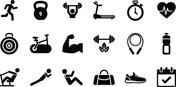 Comprehensive Fitness and Gym Icon Set Featuring Workout Equipment Symbols Like Dumbbells Kettlebells Treadmill Running And Bodybuilding Silhouette Graphics For Wellness Design